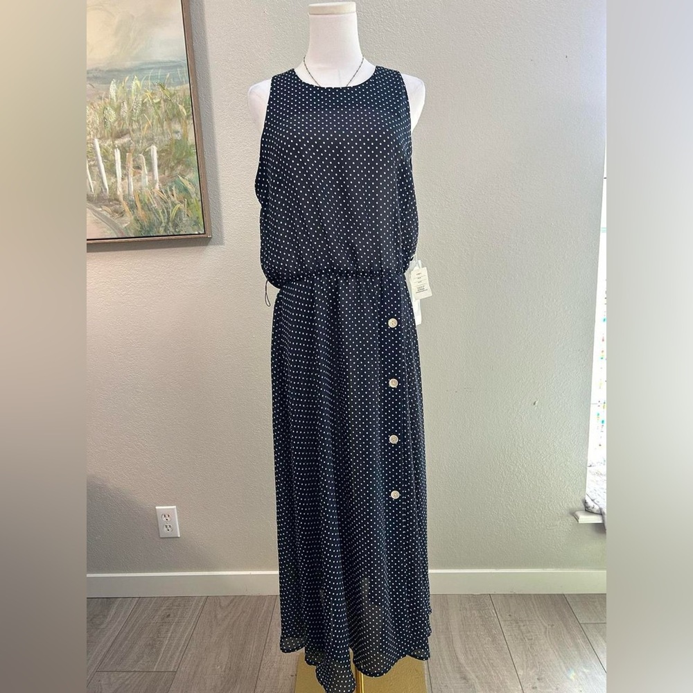 Vintage Navy Polka Dot Sheer Maxi Dress Button Detail Sleeveless - Size 14